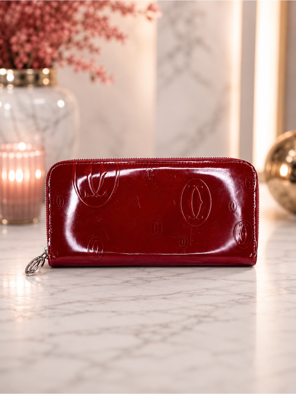 Cartier Red Patent Leather Zip Around Continental Wallet | Like New